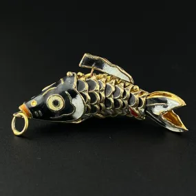 Vintage Gold Vermeil Black Enamel Articulated Fish Pendant
