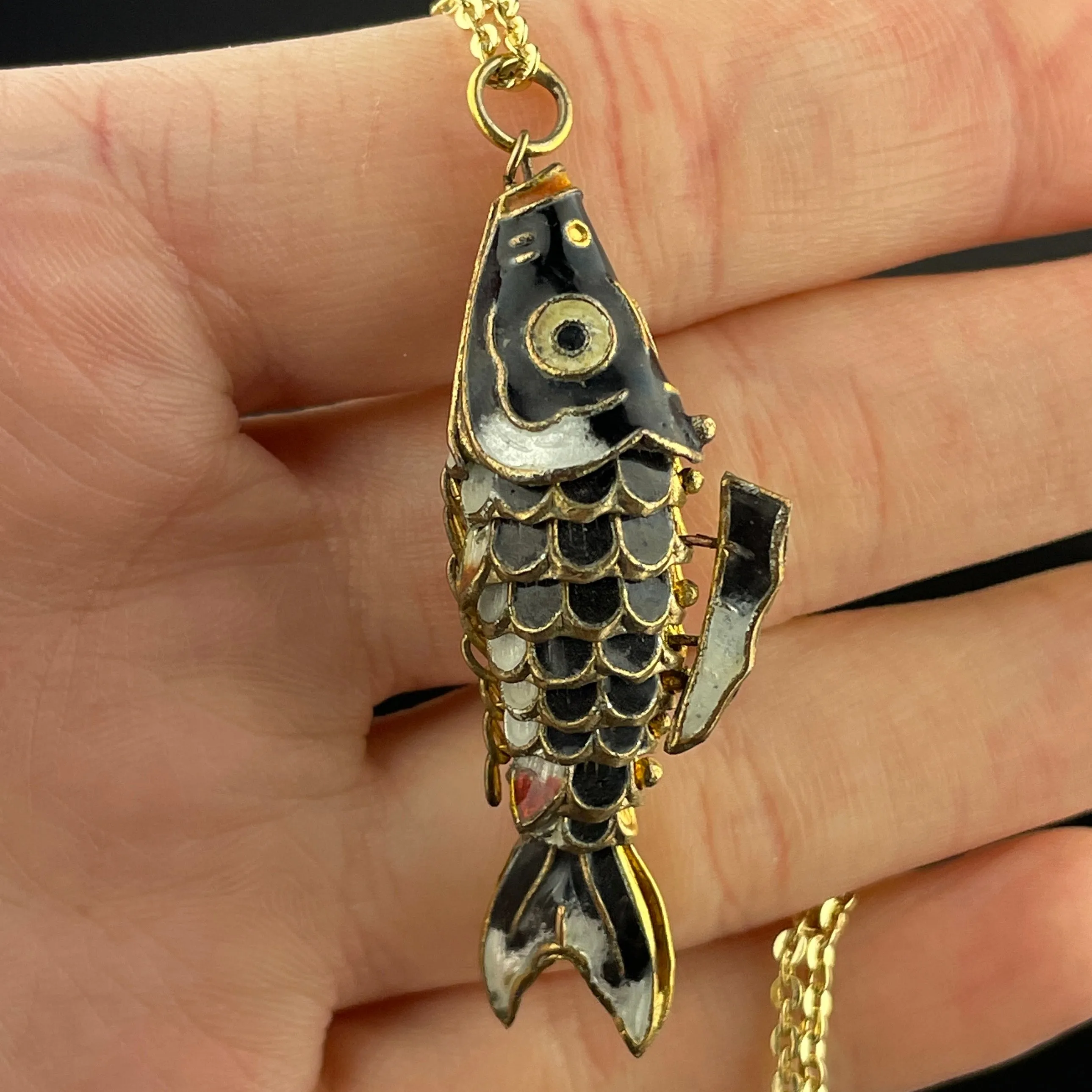 Vintage Gold Vermeil Black Enamel Articulated Fish Pendant