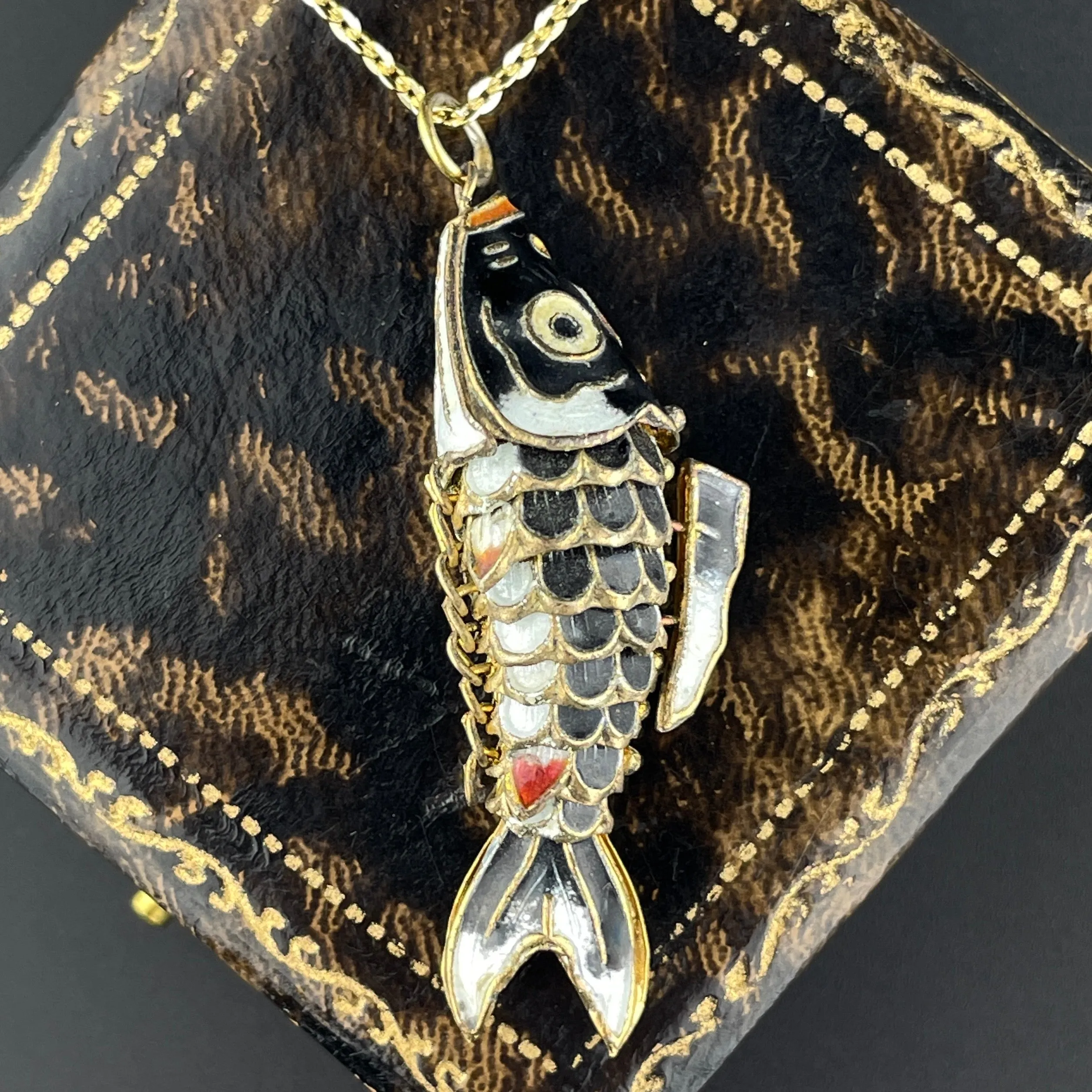 Vintage Gold Vermeil Black Enamel Articulated Fish Pendant