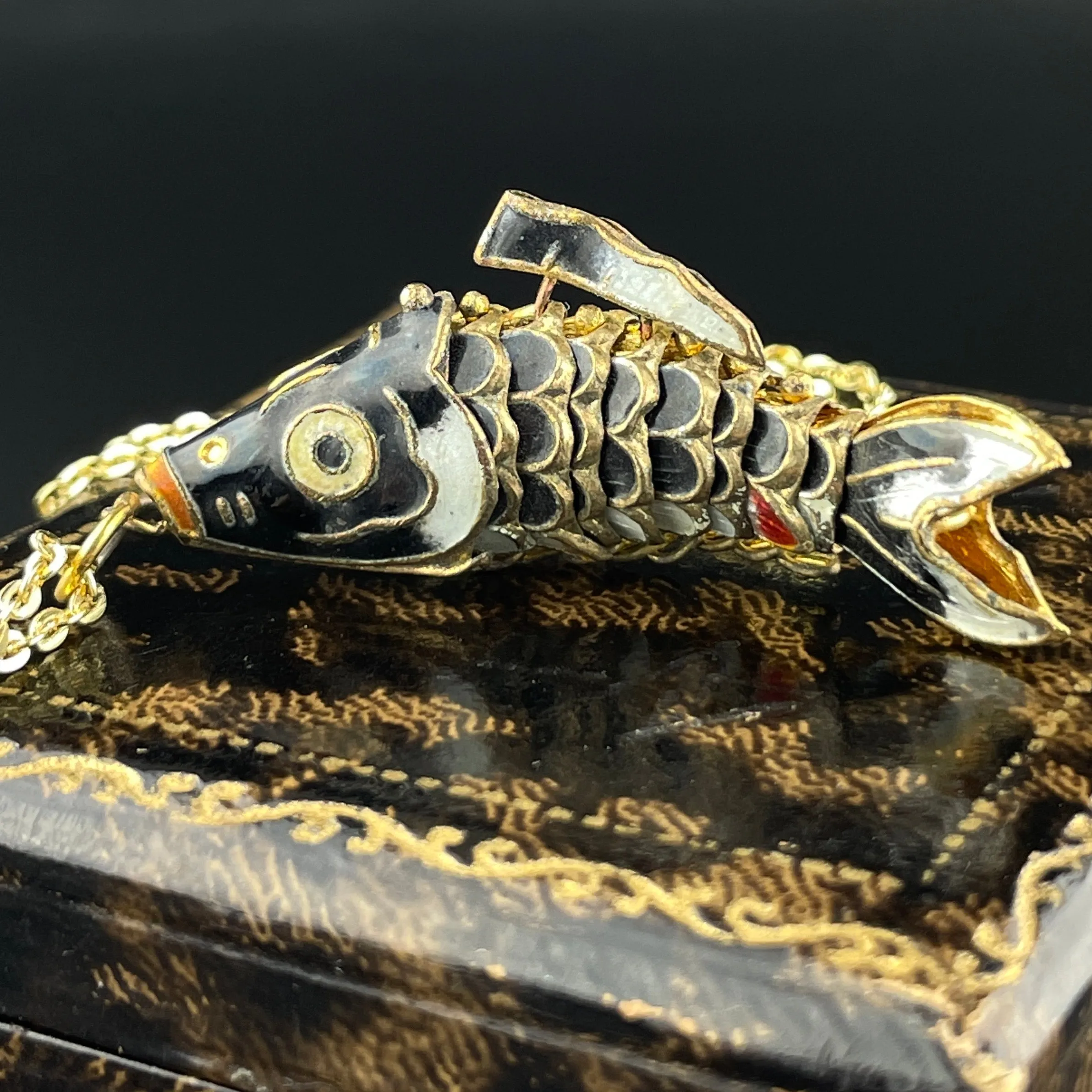 Vintage Gold Vermeil Black Enamel Articulated Fish Pendant