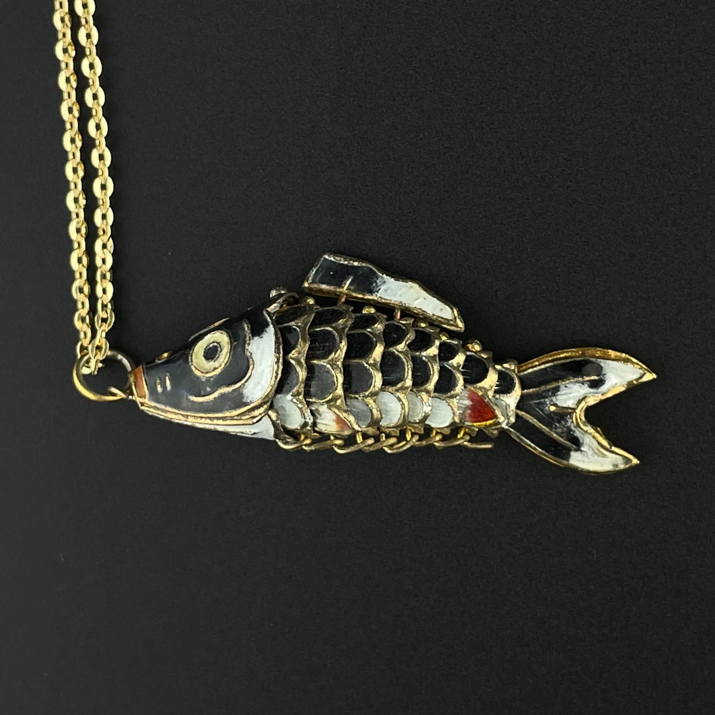 Vintage Gold Vermeil Black Enamel Articulated Fish Pendant