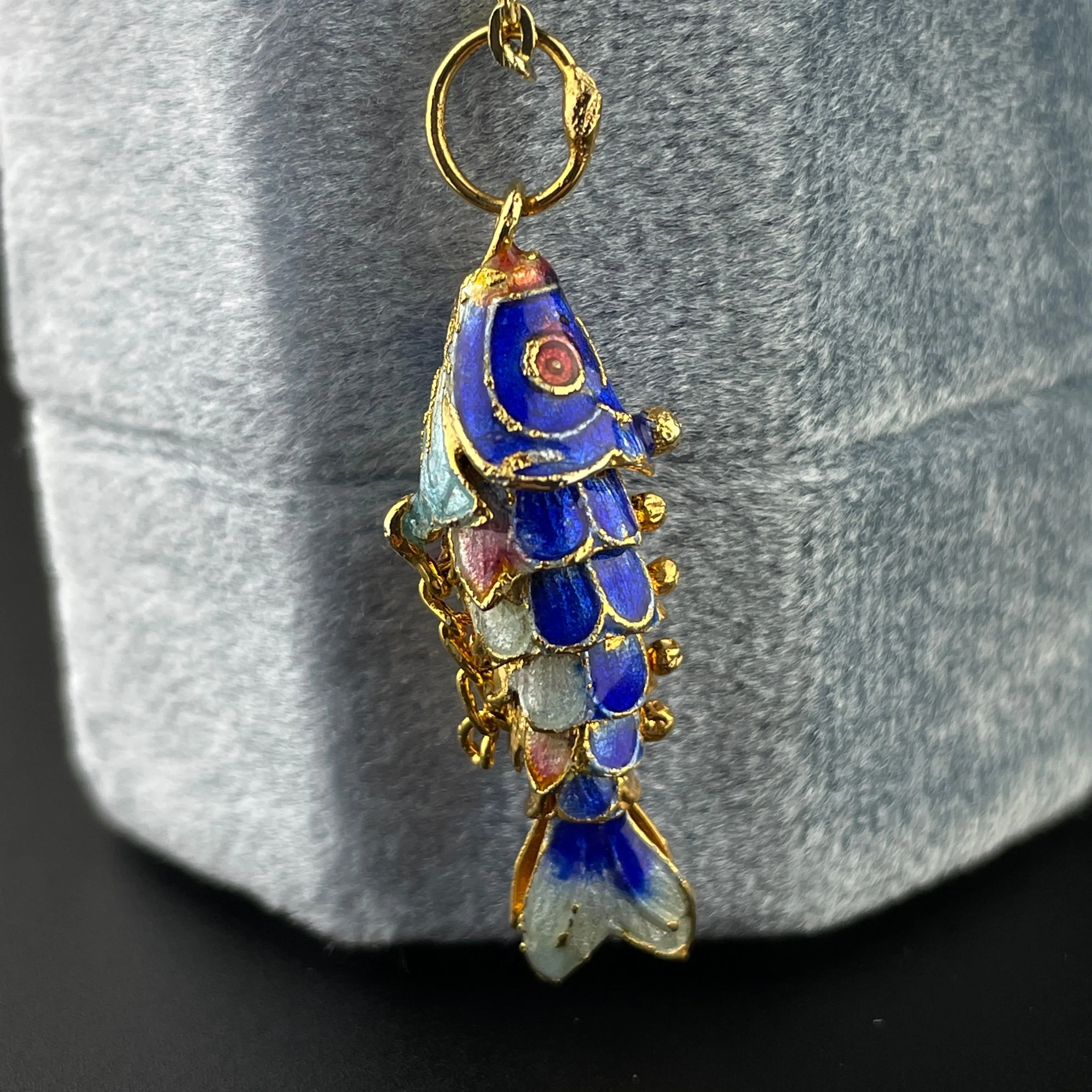 Vintage Gold Vermeil Blue Enamel Articulated Fish Pendant Necklace