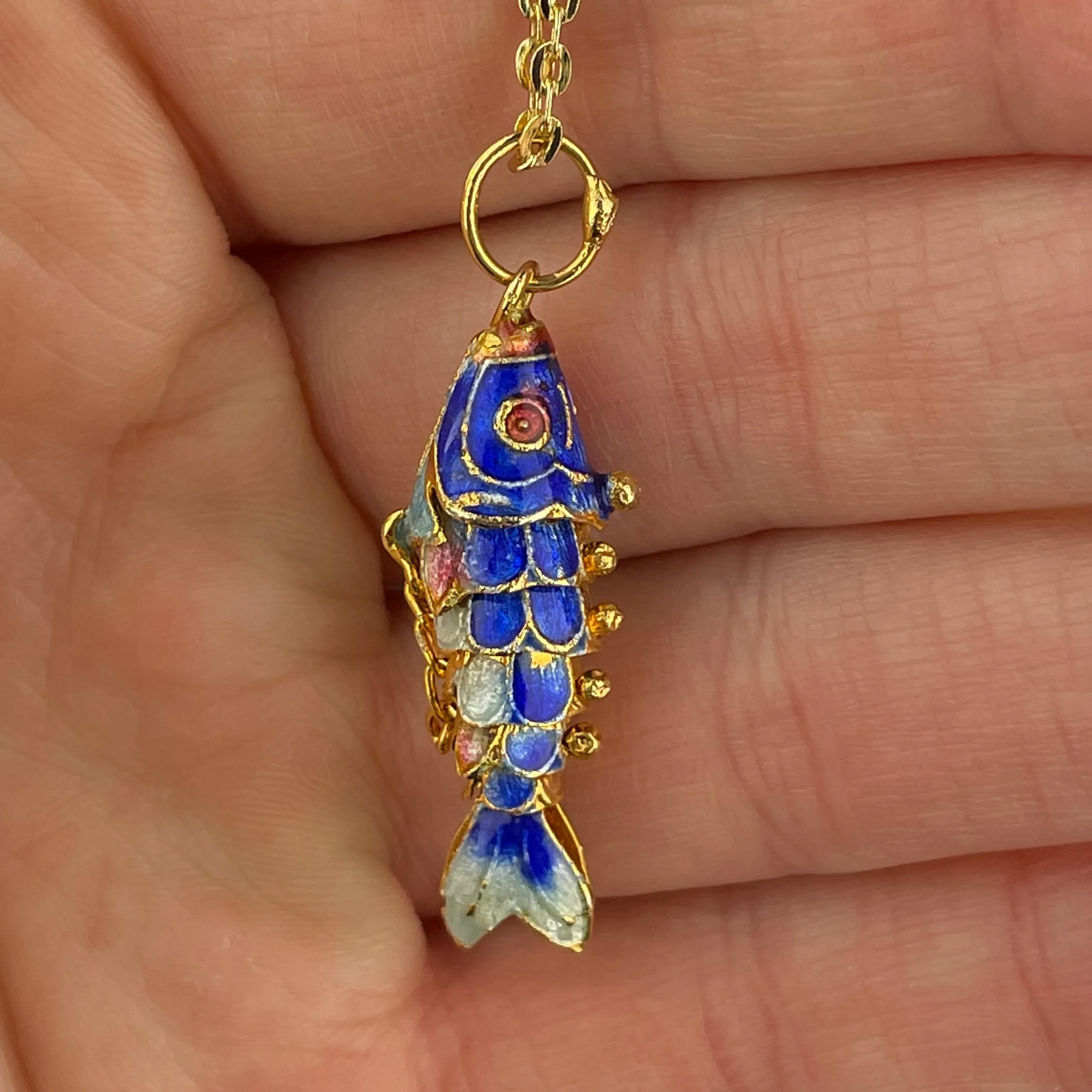 Vintage Gold Vermeil Blue Enamel Articulated Fish Pendant Necklace