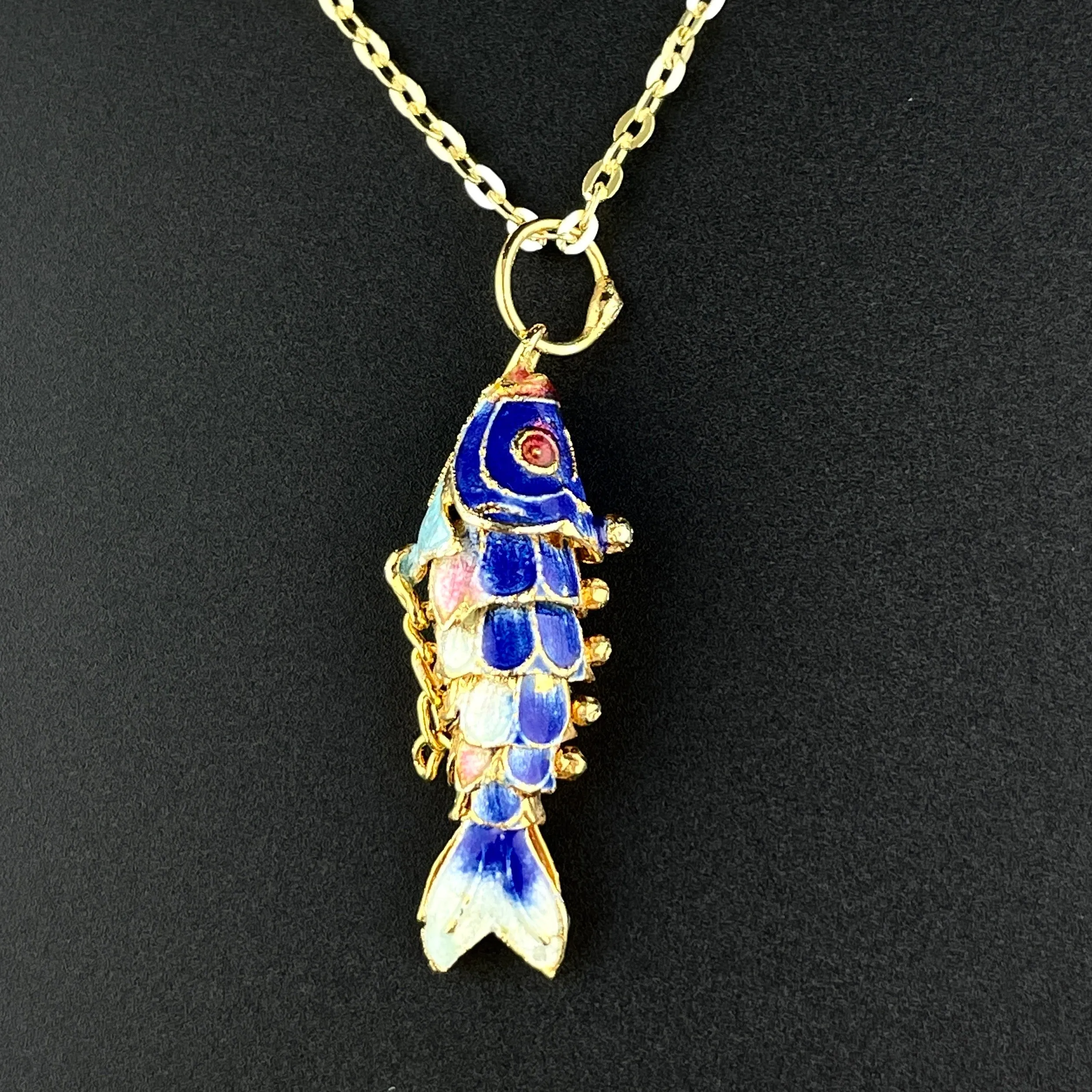 Vintage Gold Vermeil Blue Enamel Articulated Fish Pendant Necklace