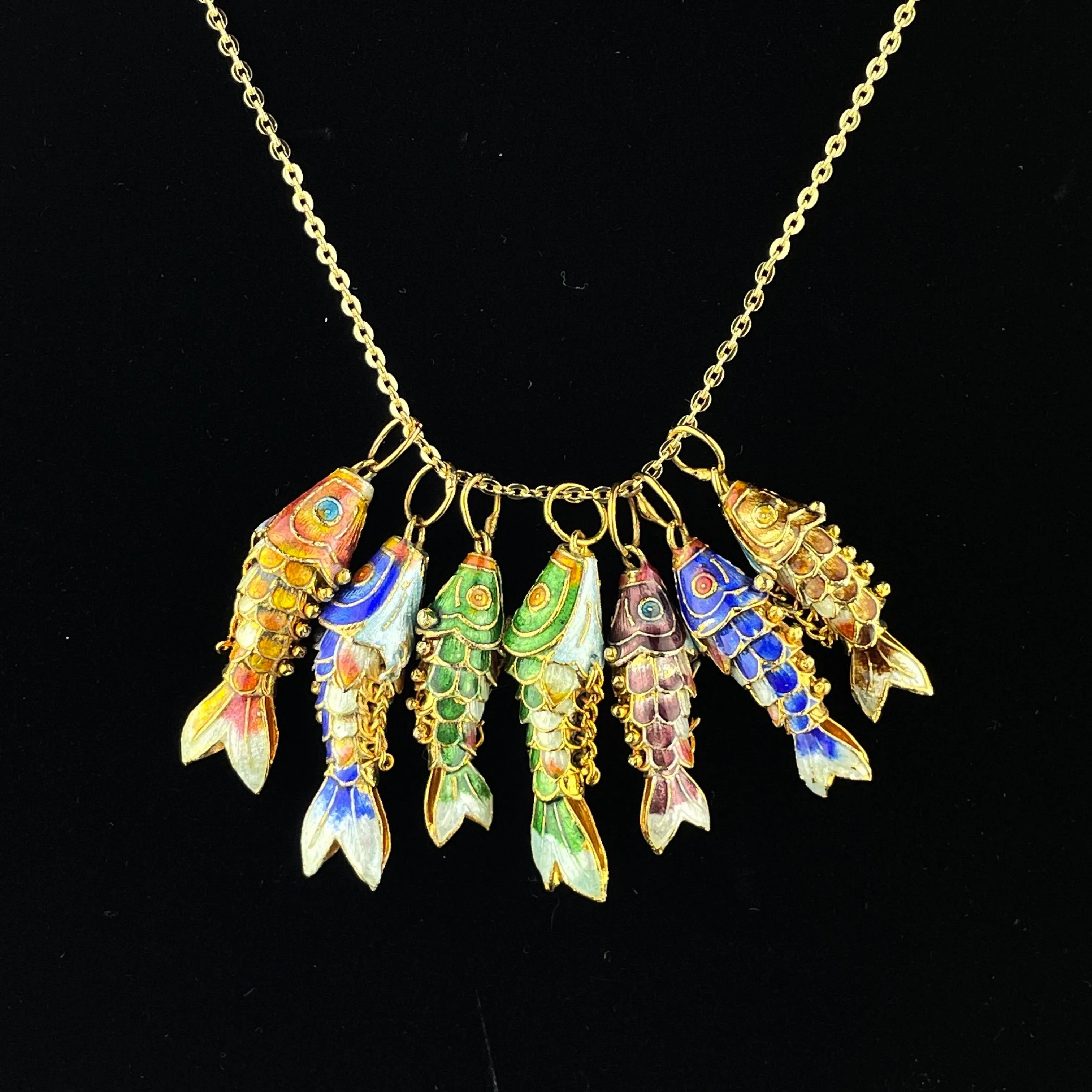 Vintage Gold Vermeil Green Enamel Articulated Fish Pendant Necklace