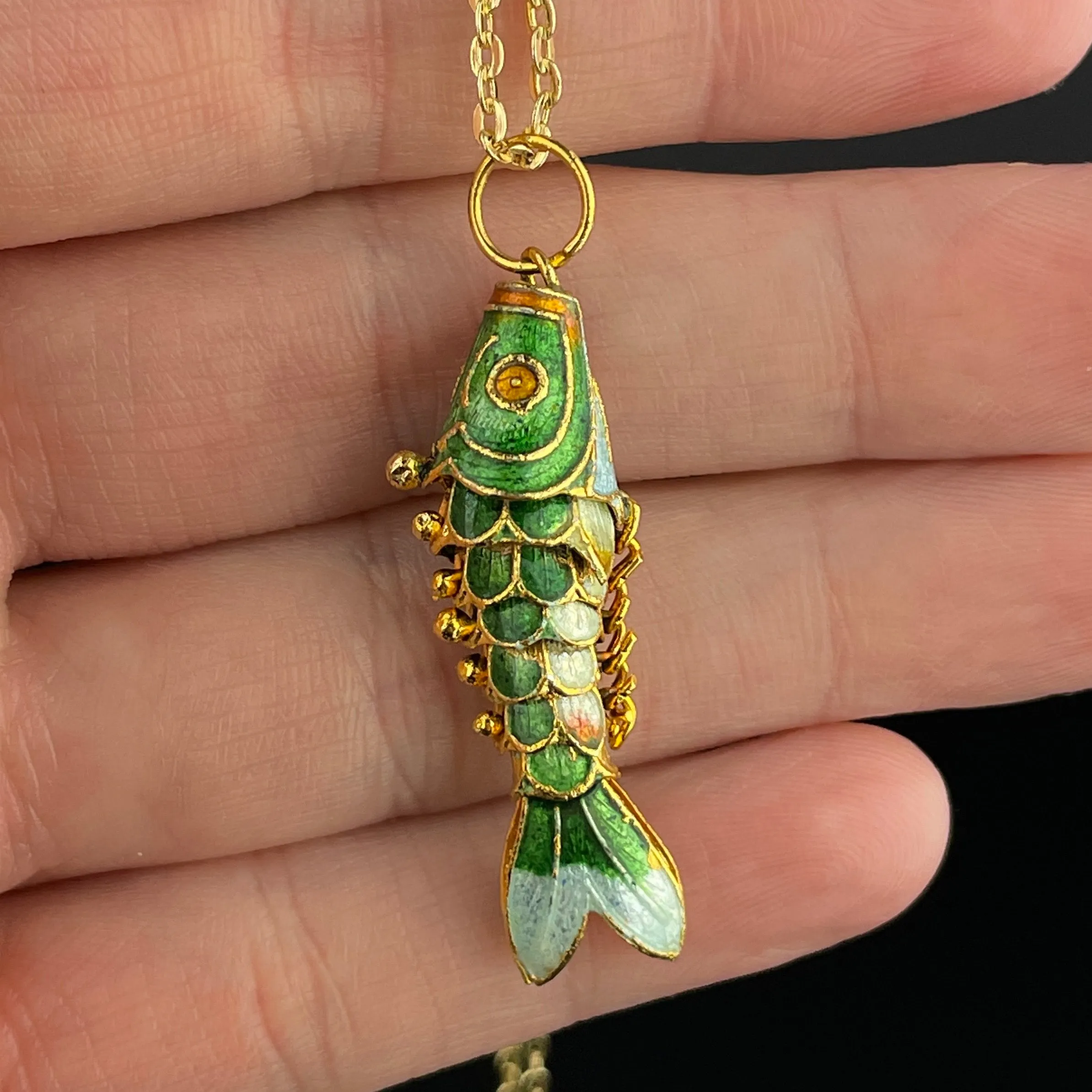 Vintage Gold Vermeil Green Enamel Articulated Fish Pendant Necklace