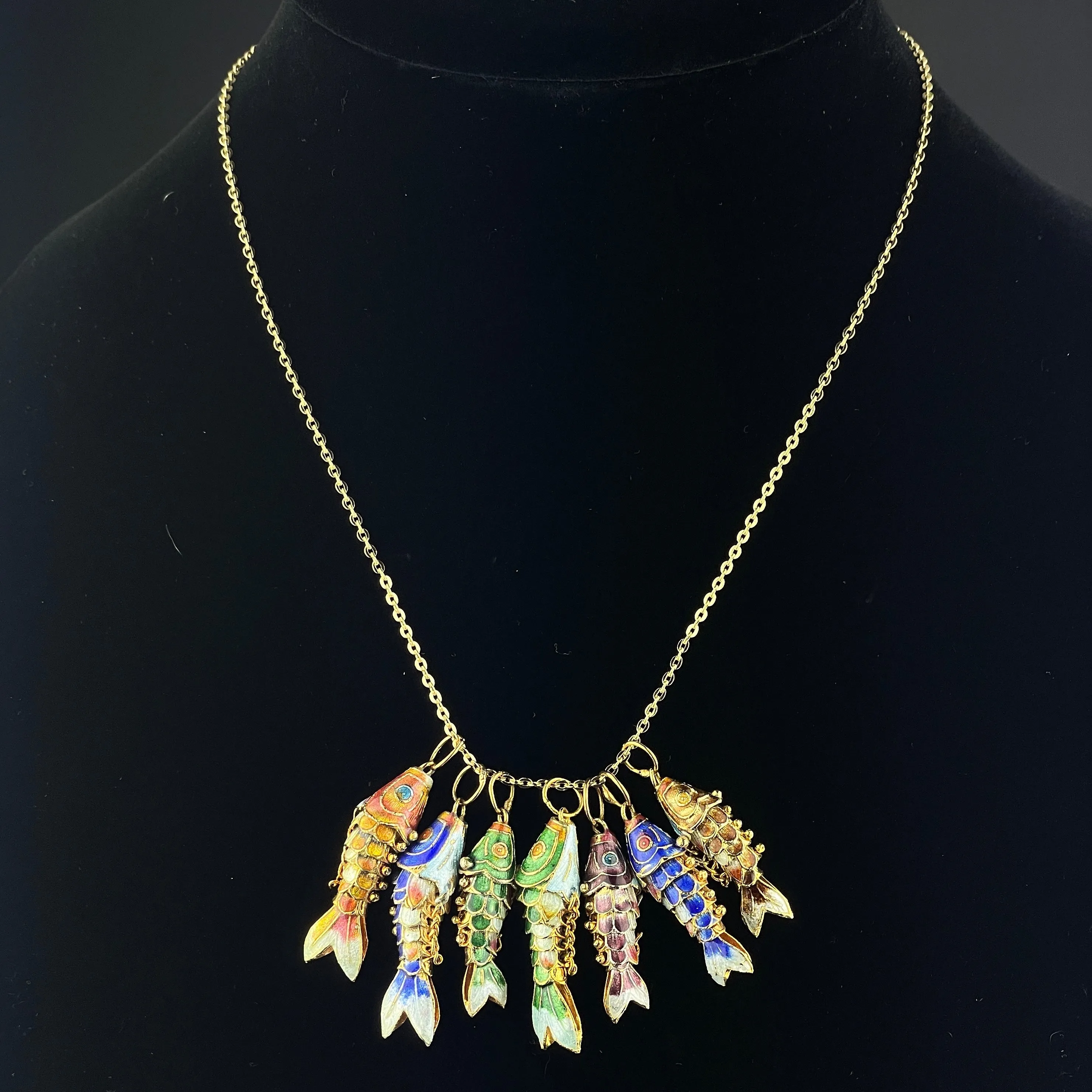Vintage Gold Vermeil Green Enamel Articulated Fish Pendant Necklace