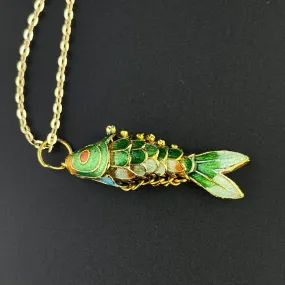 Vintage Gold Vermeil Green Enamel Articulated Fish Pendant Necklace