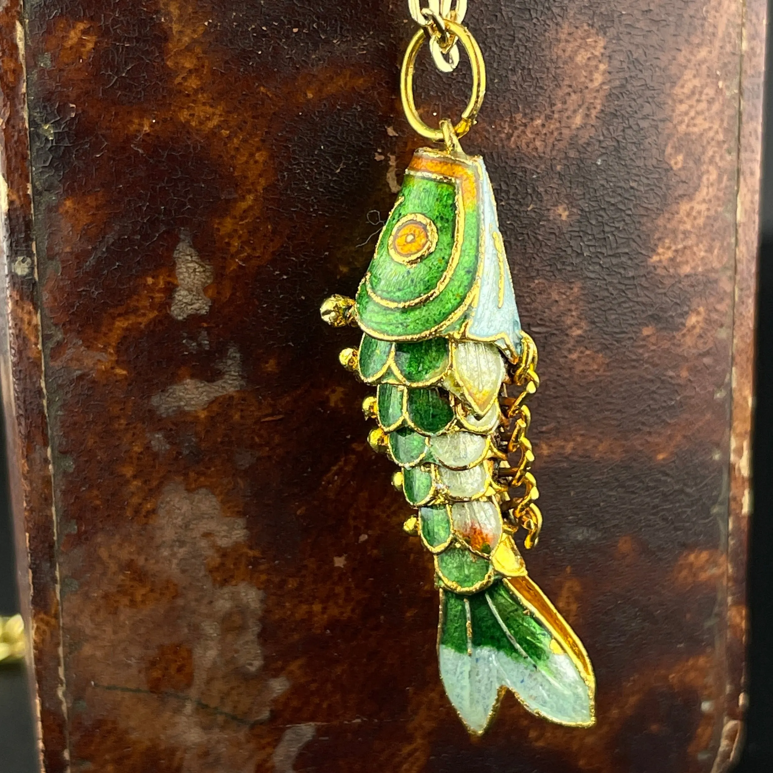 Vintage Gold Vermeil Green Enamel Articulated Fish Pendant Necklace
