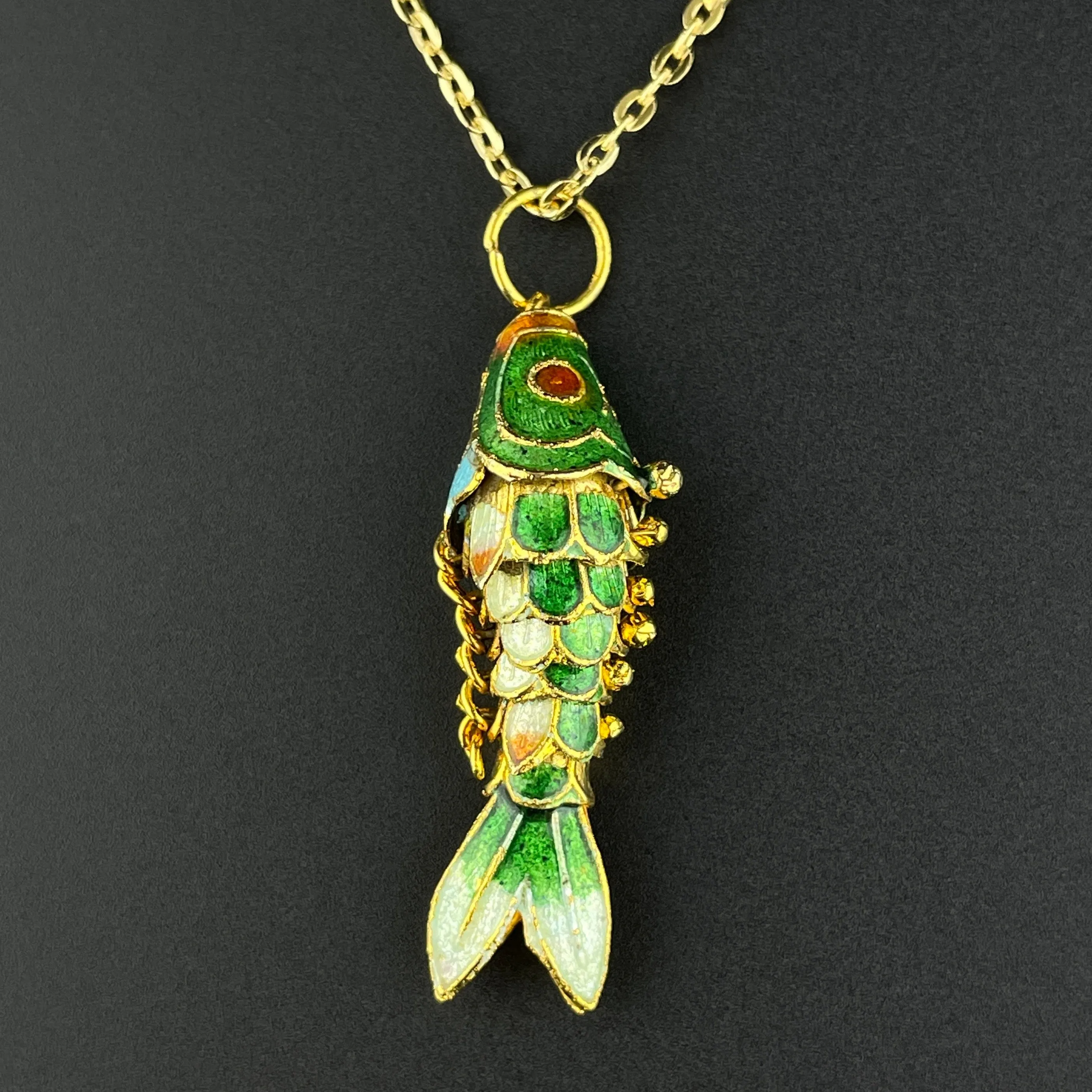 Vintage Gold Vermeil Green Enamel Articulated Fish Pendant Necklace