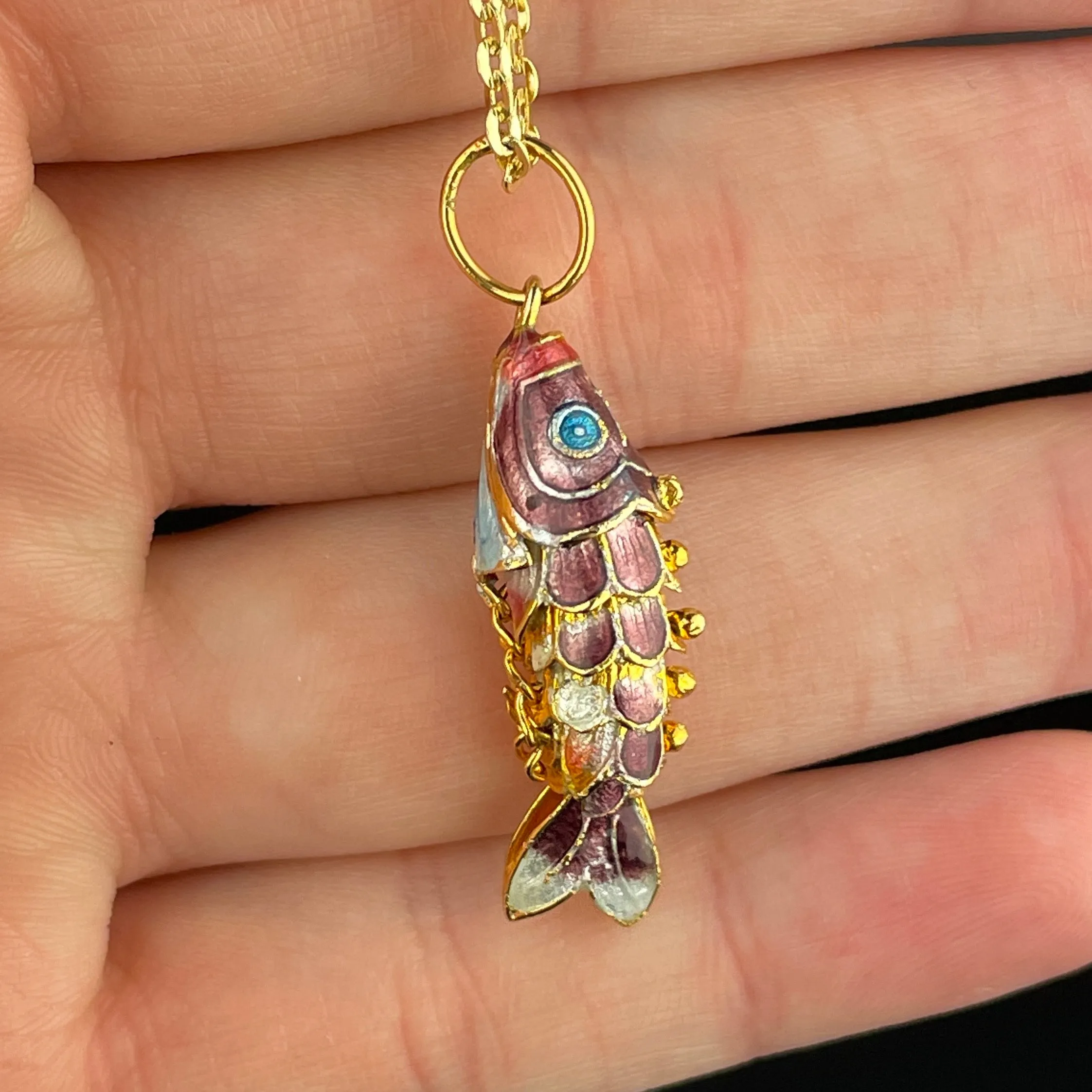 Vintage Gold Vermeil Plum Purple Enamel Koi Fish Pendant Necklace