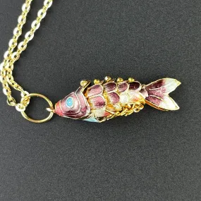 Vintage Gold Vermeil Plum Purple Enamel Koi Fish Pendant Necklace