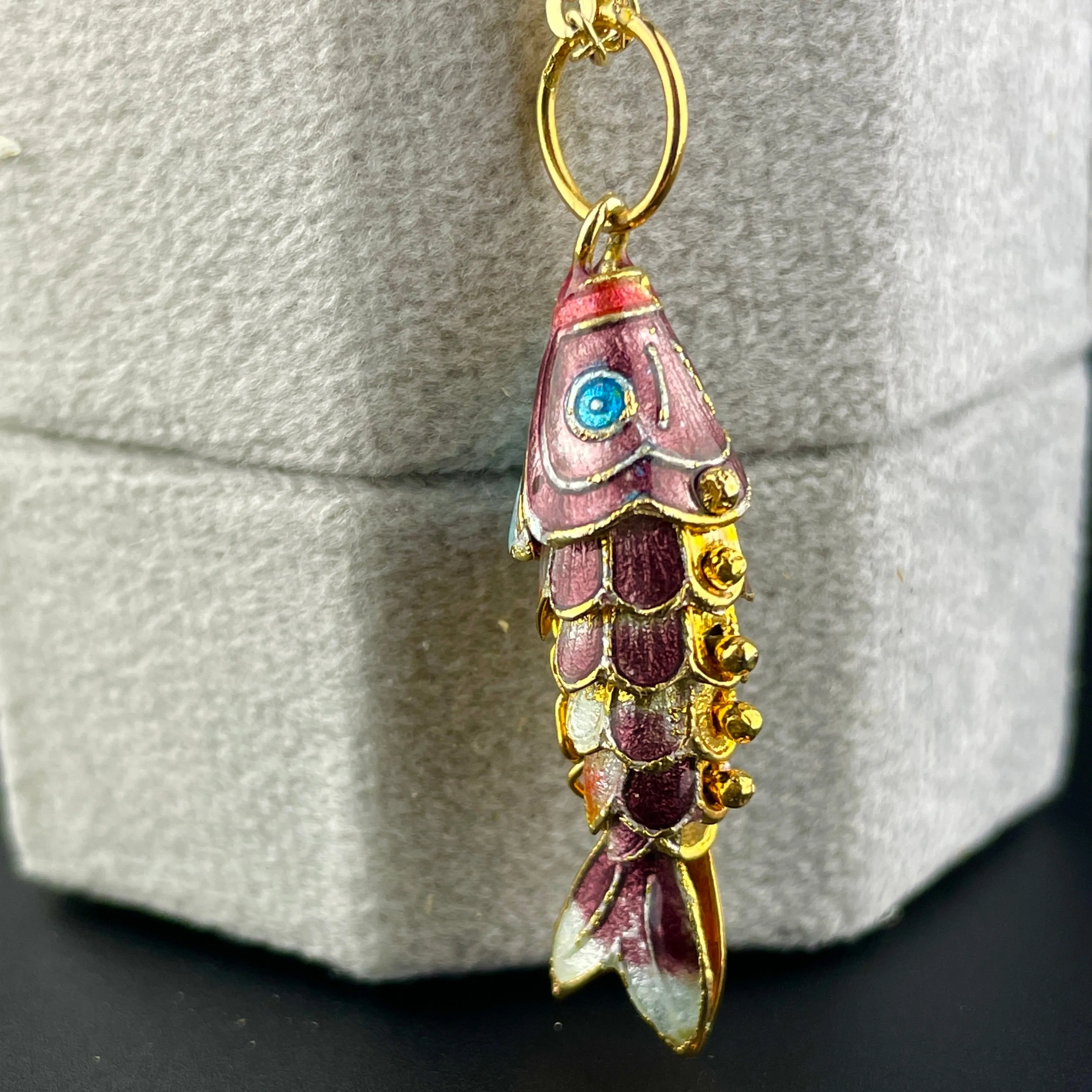 Vintage Gold Vermeil Plum Purple Enamel Koi Fish Pendant Necklace