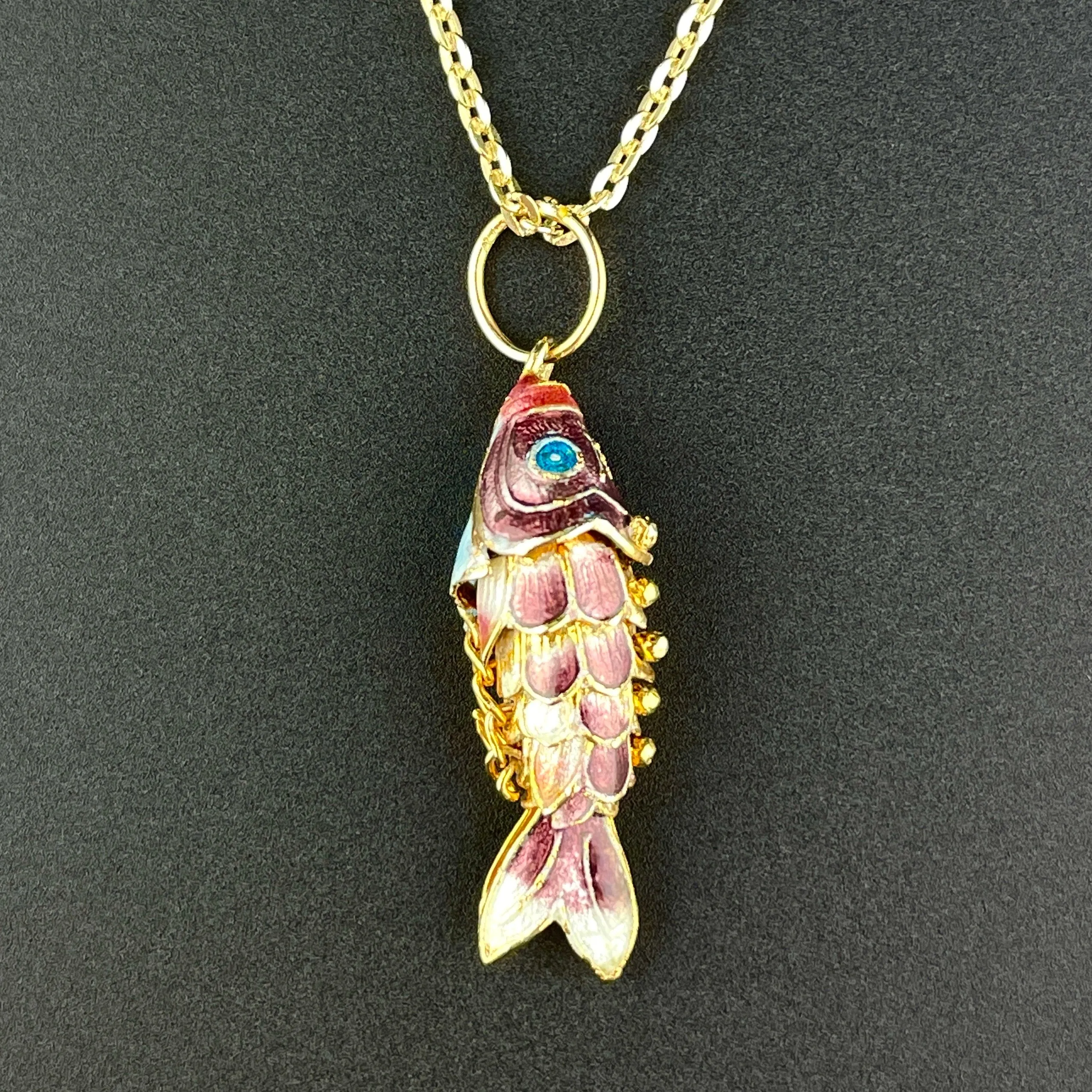 Vintage Gold Vermeil Plum Purple Enamel Koi Fish Pendant Necklace