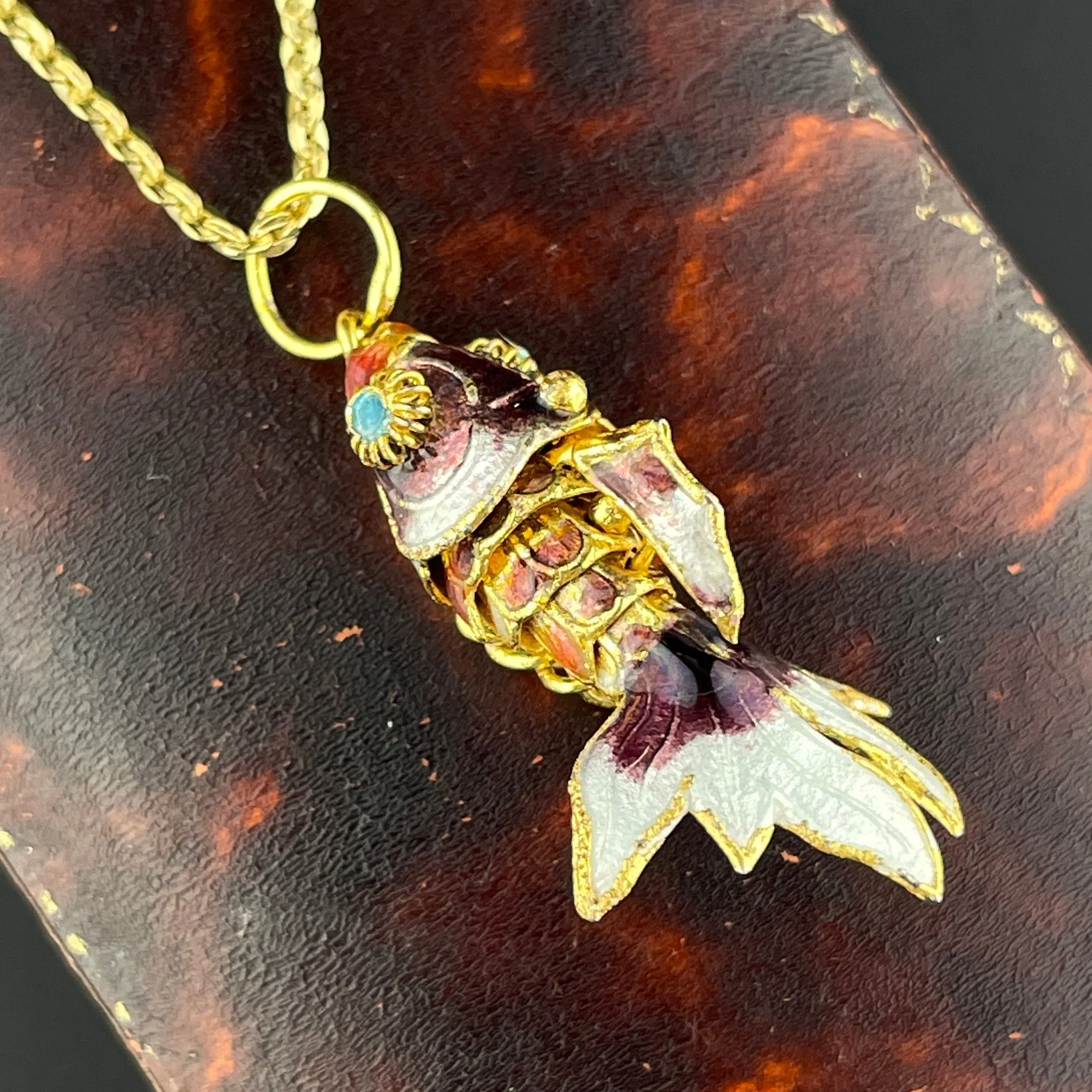 Vintage Purple Enamel Koi Articulated Fish Pendant Necklace