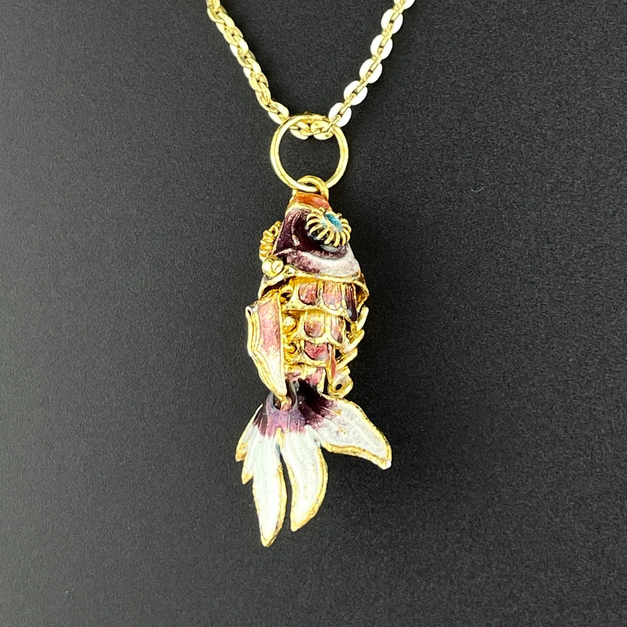 Vintage Purple Enamel Koi Articulated Fish Pendant Necklace