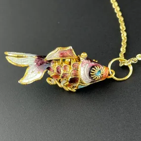 Vintage Purple Enamel Koi Articulated Fish Pendant Necklace