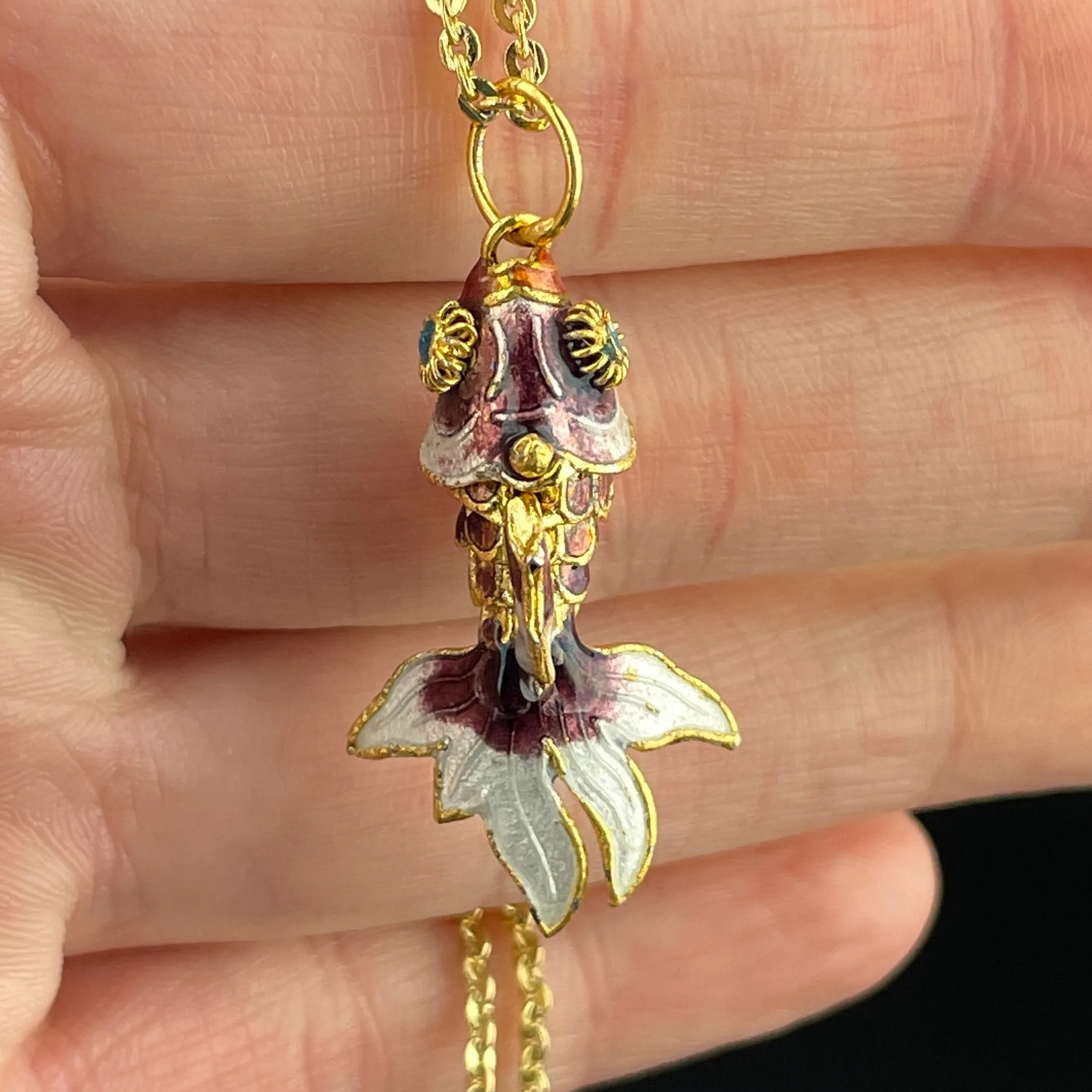 Vintage Purple Enamel Koi Articulated Fish Pendant Necklace