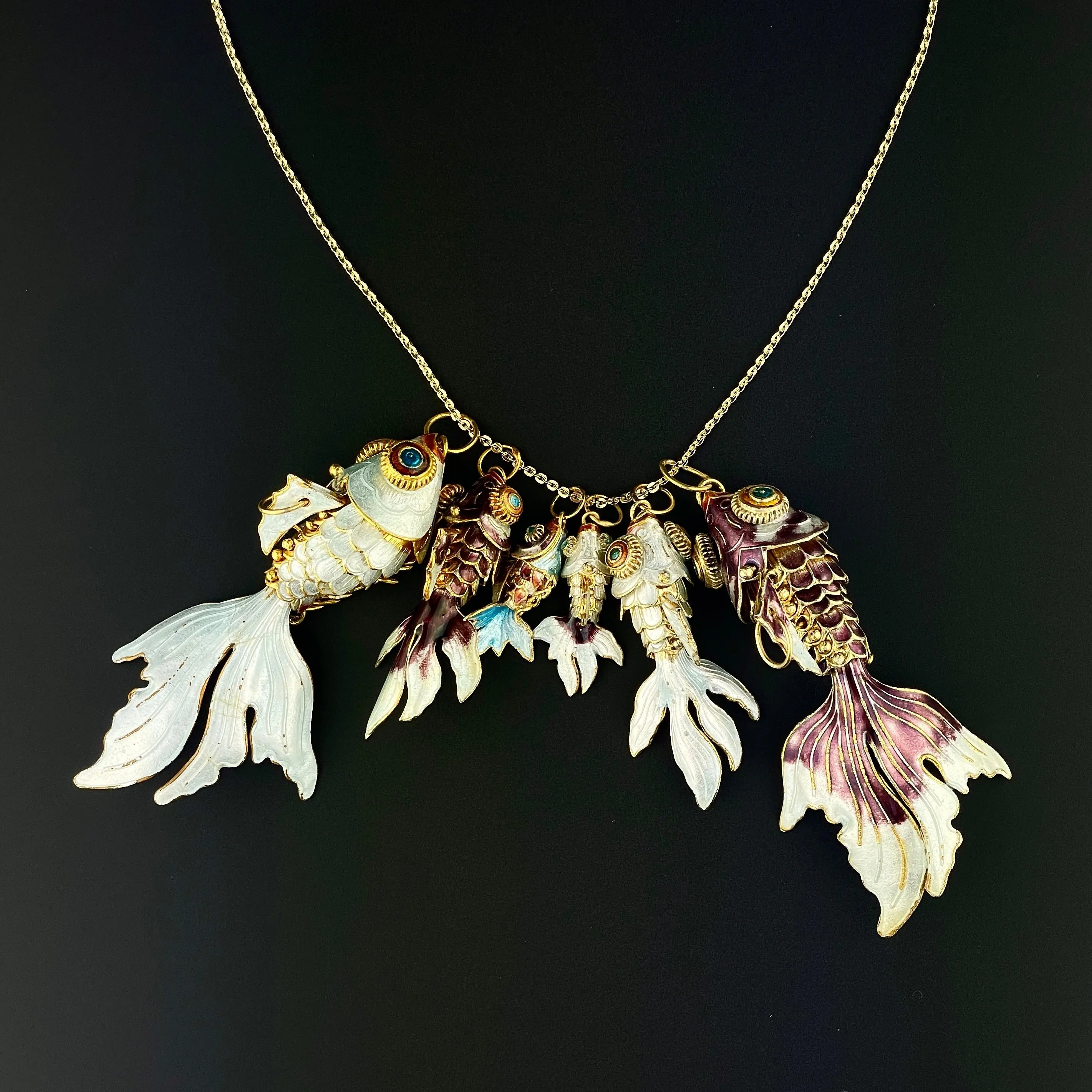 Vintage Purple Enamel Koi Articulated Fish Pendant Necklace